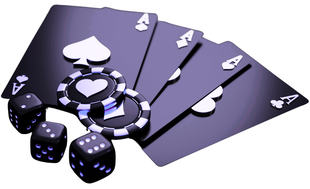 Playing cards, casino chips and dice